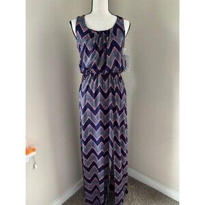 Trixxi Navy Blue and Coral Maxi Sundress Sz S slit front
